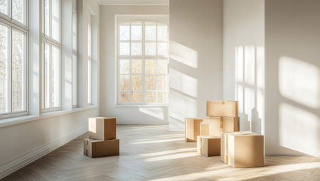 A photograph of an empty room with light wood floors, white walls, and boxes on the floor. The sun shines through large windows, creating soft shadows that accentuate the simplicity of the space. There is no furniture in sight, allowing the focus to be placed on the natural lighting and minimalistic design elements. This scene evokes a sense of tranquility and clarity, making it perfect for showcasing interior spaces or product imagery. --ar 53:30 --v 6.1 Job ID: 1f02bc19-3b7f-4bd4-8df3-93d67940ea53の素材