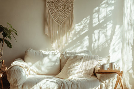 A sunny room with soft sunlight streaming through the window, casting long shadows on an elegant sofa and comfortable armchair covered in white linen. A macrame hanging from above adds texture to the space, while scattered cushions create depth. On one side of the room, a small tray holds coffee mugs, adding a cozy vibe. The scene captures the essence of relaxation and comfort, perfect for serene reading or socializing. Captured with a Canon EOS R5 camera and macro lens, using an f/2.8 aperture. --ar 3:2 --v 6.1 Job ID: d375113b-c231-4532-a644-5866d7eb5aeaの素材