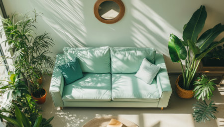 A mint green sofa in the living room, surrounded by plants and a small round mirror hanging on one wall. The style is bright and sunny with light blue accents, creating an atmosphere of relaxation and comfort. It features a high-quality photograph taken from above using a Canon EOS R5 camera and a wide-angle lens. --ar 53:30 --v 6.1 Job ID: dc04f9a1-f7c6-4e68-a0f3-08bfecc49704の素材