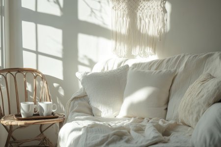 A sunny room with soft sunlight streaming through the window, casting long shadows on an elegant sofa and comfortable armchair covered in white linen. A macrame hanging from above adds texture to the space, while scattered cushions create depth. On one side of the room, a small tray holds coffee mugs, adding a cozy vibe. The scene captures the essence of relaxation and comfort, perfect for serene reading or socializing. Captured with a Canon EOS R5 camera and macro lens, using an f/2.8 aperture. --ar 3:2 --v 6.1 Job ID: d375113b-c231-4532-a644-5866d7eb5aeaの素材