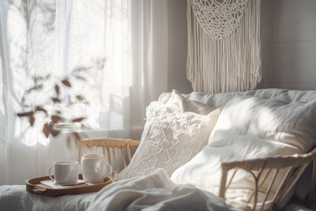 A sunny room with soft sunlight streaming through the window, casting long shadows on an elegant sofa and comfortable armchair covered in white linen. A macrame hanging from above adds texture to the space, while scattered cushions create depth. On one side of the room, a small tray holds coffee mugs, adding a cozy vibe. The scene captures the essence of relaxation and comfort, perfect for serene reading or socializing. Captured with a Canon EOS R5 camera and macro lens, using an f/2.8 aperture. --ar 3:2 --v 6.1 Job ID: d375113b-c231-4532-a644-5866d7eb5aeaの素材