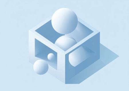 A simple illustration of an isometric cube with spheres inside it, rendered in the style of Cinema 4D. The background color should be a soft blue gradient, and there should be no shadows or textures on any surface. This design will focus solely on capturing geometric shapes within the space created by the cubes, without including human figures or additional elements such as text or icons. The goal is to create a minimalist yet visually appealing composition that emphasizes form through the use of simplicity. --ar 7:5 --v 6.1 Job ID: 92ee797c-6569-46ef-9f9b-c77708af5223の素材