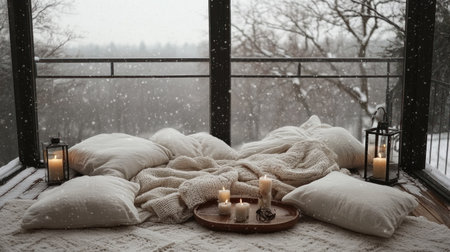 Cozy winter balcony with white cushions, candles, and a soft blanket, with a winter landscape in the background and warm lighting. --chaos 30 --ar 16:9 --v 6.1 Job ID: f69817c9-d5ad-493e-ba1a-80cbbad0e412の素材