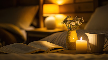 A yellow ceramic vase with flowers on the nightstand next to an open book and candle, soft lighting, and a warm atmosphere create a cozy bedroom scene. The focus is placed on one of two white porcelain cups filled with coffee or tea, symbolizing morning warmth for the sunrise. A lit scented candle adds extra light to the room, creating a serene ambiance. --chaos 30 --ar 16:9 --v 6.1 Job ID: b253b3cf-7cff-41c1-9445-a2330d34d2bdの素材