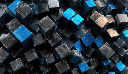 Isometric view of black and blue cubes arranged in an intricate pattern, highly detailed, Octane render, metallic material, high resolution. --ar 26:15 --v 6.1 Job ID: 0f095c1f-856b-423d-9d4e-c64ad1b8b6a2の素材