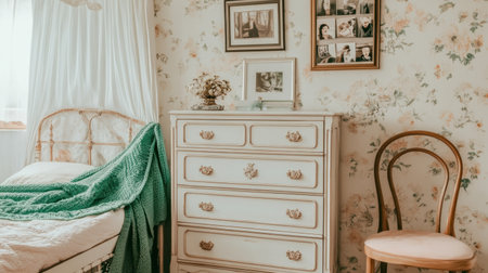 A white bedroom with a chest of drawers, a chair, and a bed on the left side. On top is a green blanket draped over one armchair. There's also an open photo frame with photos on the wall behind the cabinet. The room has a neutral color scheme with pastel colors. It feels cozy yet minimalistic. --chaos 30 --ar 16:9 --v 6.1 Job ID: 91030d6d-732f-4b02-ac7e-20a0adc1b853の素材