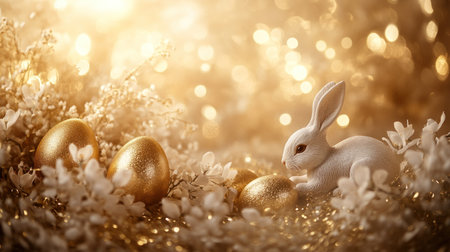 Easter background with golden eggs, white bunnies, and blossoms in the style of light beige and gold on an isolated cream background, high-resolution photography. --chaos 30 --ar 16:9 --v 6.1 Job ID: 122969a2-eb3c-4060-a536-5f5c896613e6の素材