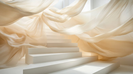 A minimalist podium with soft, flowing curtains in shades of beige and cream. The background is a clean white floor, creating an elegant backdrop for product display or presentation. Soft lighting creates gentle shadows on the surface, enhancing its ethereal quality. --chaos 30 --ar 16:9 --v 6.1 Job ID: ad2f7da7-bc65-45fd-84cb-7a3b13243258の素材