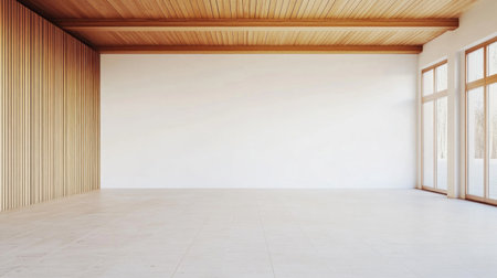 A white wall in an office building with wooden slats on the left and right sides, with doors leading to other rooms. The ceiling is made of light-colored wood. There's no furniture inside or any lighting. It has a clean and modern look. --chaos 30 --ar 16:9 --v 6.1 Job ID: c156aa01-40ee-44a6-8d0f-3dcee5ad5e87の素材