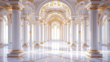 A white and gold palace hall with tall columns, featuring an intricate design of gilded accents and ornate arches. The floor is covered in polished marble, reflecting the golden light that shines from above. This scene captures opulence and grandeur, perfect for adding a sense of luxury to your visual storytelling. --ar 53:30 --v 6.1 Job ID: 768d27e1-d78b-4502-95c4-4d4b88e83c34の素材