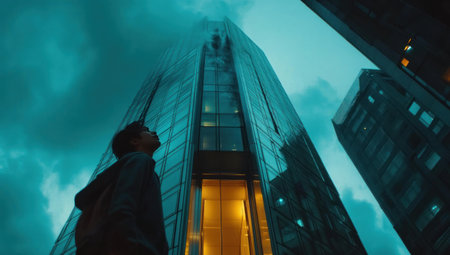 Cinematic, wide shot of a tall glass skyscraper with elevator doors opening up to the sky, night time, high-contrast lighting, teal and amber color grading, Kodak film stock. --ar 53:30 --v 6.1 Job ID: 753c3b94-ffe7-4563-9e04-b26423aa77d8の素材