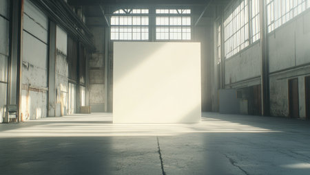 A white square canvas in the middle of an industrial warehouse, with bright daylight, a concrete floor, and high ceilings. The scene appears to be a photorealistic depiction. --ar 53:30 --v 6.1 Job ID: b4b389b2-52a8-428b-a13b-c85d62a96d7fの素材