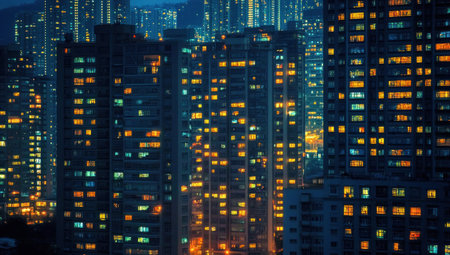 High-rise buildings illuminated at night, with lights on in the windows of each skyscraper, creating an urban skyline. The cityscape is bustling and vibrant against the backdrop of a blue sky, showcasing tall office towers adorned with modern architecture. This scene captures the essence of nighttime life in a big metropolis. --ar 53:30 --v 6.1 Job ID: 37389502-8cfc-49de-b15a-5991dae48c9cの素材