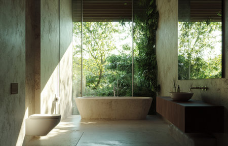 A spacious bathroom with natural light, featuring an elegant bathtub and modern toilet, overlooking lush greenery through large windows. The walls feature a smooth stone texture for an organic feel, complemented by minimalist fixtures. This luxurious space exudes tranquility in its simplicity and clean lines. Photorealistic rendering. --ar 47:30 --v 6.1 Job ID: 09d76f3c-2b8e-4052-839f-41167d22052eの素材