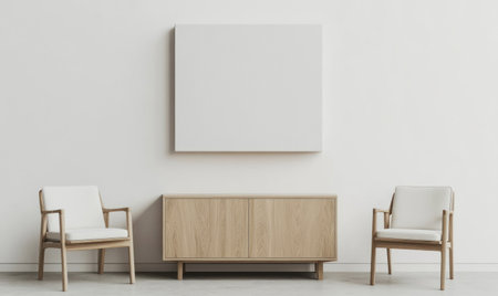 A simple, light-colored wooden sideboard stands against the wall of an empty Scandinavian-style living room with two chairs and white walls. A large blank canvas hangs above it on a gray background. The composition is centered in a frontal view. High-resolution photography, insanely detailed, fine details, stock photo, professional color grading, hyper-realistic, isolated from the background, natural lighting. --ar 5:3 --v 6.1 Job ID: 3821bafc-ef7d-4118-95b9-0ce04f4a2d64の素材