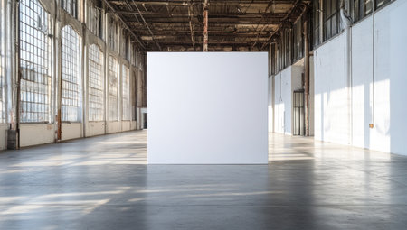 A white square canvas in the middle of an industrial warehouse, with bright daylight, a concrete floor, and high ceilings. The scene appears to be a photorealistic depiction. --ar 53:30 --v 6.1 Job ID: b4b389b2-52a8-428b-a13b-c85d62a96d7fの素材