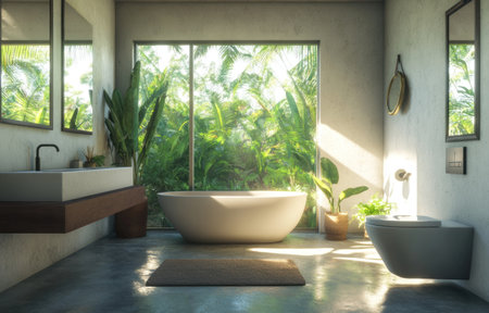 A modern bathroom with white walls, large windows overlooking the jungle outside, and concrete floors. The floor is made of polished stone. There's an elegant freestanding bathtub in front of two mirrors hanging on the wall, one above the toilet bowl and the other over the sink countertop. In the style of a photo taken in the style of Unreal Engine. --ar 47:30 --v 6.1 Job ID: 2774ca4e-2787-4b45-a7f5-2d8d460a0940の素材