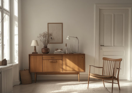 A photo of an elegant Scandinavian-style interior design, featuring natural wood furniture and white walls, with a sideboard in the background. A simple wooden chair is placed on the floor next to it. The room has soft lighting from lamps and a window that adds lightness. There are also some decorative items like vases or books on top of the cabinet. --ar 7:5 --v 6.1 Job ID: 15f6b748-c602-4d7a-aee9-8f8748457316の素材