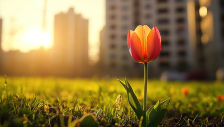 A single tulip flower sprouting from the ground in front of an apartment complex, with green grass and sunlight creating a peaceful scene of nature's growth. The focus is on the vibrant orange color of the flower against the soft background of buildings and sky. This visual metaphor symbolizes new beginnings or beauty emerging amidst challenging conditions. --ar 53:30 --v 6.1 Job ID: acb094d5-1740-458a-b6f3-661509359e40の素材