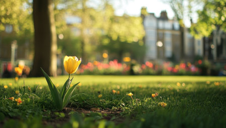 A yellow tulip in the foreground, with colorful flowers blooming behind it and green grass under bright sunlight. In the blurred background is an outdoor park or garden with trees and buildings. The scene has soft lighting and warm tones, creating a peaceful atmosphere. This photo was taken using a Canon EOS R5 camera. --ar 53:30 --v 6.1 Job ID: 109da104-da41-45fe-9efe-3ec91343d235の素材