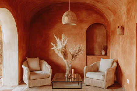 A warm and inviting room with terracotta walls, featuring two comfortable chairs on the left side of an archway leading to another space. A glass coffee table stands between them, adorned with dried plants in vases. The ceiling features pendant lighting, adding soft illumination to the scene. --ar 3:2 --v 6.1 Job ID: a57974ff-2124-4d96-944c-41dbec31413cの素材