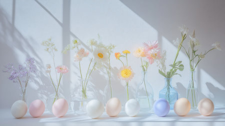 An Easter table setting with pastel-colored eggs, vases, and flowers on a white background. --chaos 30 --ar 16:9 --v 6.1 Job ID: 1cb170a5-c254-4af6-9ec5-d378442c1573の素材