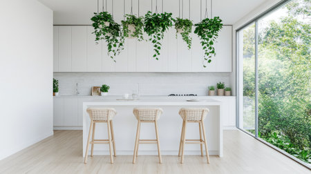 A Scandinavian-style kitchen with white cabinets, quartz countertops, and hanging plants, creating an airy atmosphere that emphasizes simplicity and functionality in the space. The focus is on natural light streaming through large windows, illuminating the clean lines of the cabinetry and fresh greenery for an inviting and refreshing ambiance --chaos 30 --ar 16:9 --v 6.1 Job ID: 21d59e00-ecf4-42cd-8d11-a850ac676bd8の素材