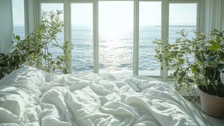 A white bedroom with large windows overlooking the sea, featuring an unmade bed and green plants on each side of it. The room is bathed in natural light from outside, creating a serene atmosphere for restful sleep. --ar 53:30 --v 6.1 Job ID: 40cbec94-5387-4c65-93d0-96547ee2c2afの素材