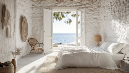 A white bedroom with an open door to the sea, featuring a clean and minimalistic interior design style. The room is filled with bright light from the window, with white walls and stone wall details. A bohemian-style carpet covers the floor, and the bed is dressed in linen sheets. Wooden furniture adds to the cozy atmosphere, and the neutral color palette is complemented by natural materials. The view outside showcases the blue ocean and a beach in the background, creating a tranquil scene perfect for summertime. --ar 53:30 --v 6.1 Job ID: 54b3440e-6940-48e6-9de6-969a7557498cの素材