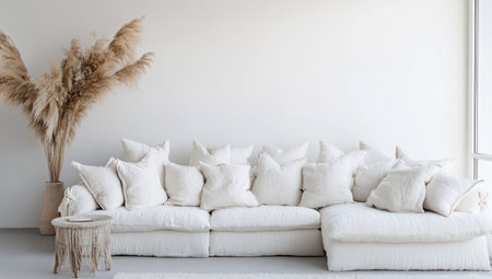 A white linen sofa with large, oversized cushions and numerous pillows is set against the wall in an all-white room. The sofa has two chaise lounges on each side for sitting or sleeping. A small table stands next to it, adorned with dried pampas grass. This image was taken at eye level using natural light, with a shallow depth of field. It's a wide-angle shot that captures both the sofa and its surroundings. --ar 53:30 --v 6.1 Job ID: e5e81eaa-3c87-41e1-96ee-0b3f3ab9b125の素材