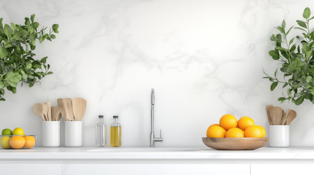 A white kitchen with a minimalist design, featuring sleek cabinets and marble countertops. The focus is on the countertop, where there's an array of fresh fruits like oranges and limes in a bowl, surrounded by various utensils including wooden tools for cooking and glass cups for water. In front stands a vase holding eucalyptus leaves to add greenery to the space. A sink hangs above the countertop, adding functionality without replicating any busy patterns or designs. --chaos 30 --ar 16:9 --v 6.1 Job ID: 6895d796-79bd-430b-a6ab-f21eeb82942cの素材