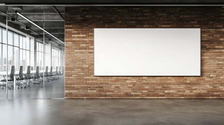 Modern office interior with glass walls and a white wall for copy space, with brick elements in the background. Minimalist work environment. Photorealistic. --chaos 30 --ar 16:9 --v 6.1 Job ID: 9903aa5e-9df5-4048-aa7b-25c4381ddc3bの素材