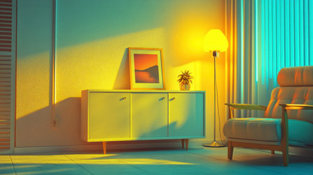 A photograph of an empty white sideboard in the center, a white wall with soft lighting, a small poster on top of it, next to a modern armchair and lamp, all in light colors, in the style of Scandinavian design, high resolution, hyper-realistic, professional photography, high quality, high detail, cinematic, volumetric lighting, global illumination. --chaos 30 --ar 16:9 --v 6.1 Job ID: aaa1ce12-2f3e-4b0c-bc06-66c3d6d866aeの素材