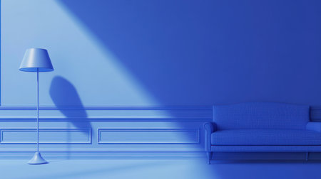 3D rendering of a blue-paneled wall in a modern interior with a sofa and lamp. Minimalist home design, navy-colored wallpaper background. --chaos 30 --ar 16:9 --v 6.1 Job ID: bb42dfd9-3238-4e10-ac7f-cc11b7610ee6の素材