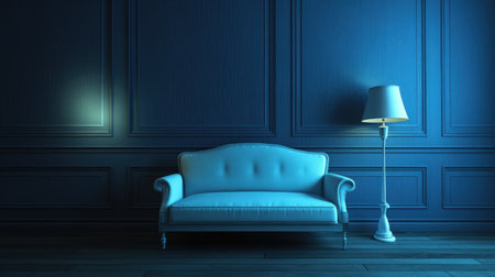 3D rendering of a blue-paneled wall in a modern interior with a sofa and lamp. Minimalist home design, navy-colored wallpaper background. --chaos 30 --ar 16:9 --v 6.1 Job ID: bb42dfd9-3238-4e10-ac7f-cc11b7610ee6の素材