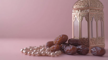 A Ramadan lantern, dates, and a rosary on the table with a pink background. --chaos 30 --ar 16:9 --v 6.1 Job ID: edc9c83d-e5ce-49c6-a425-69c40401d212の素材