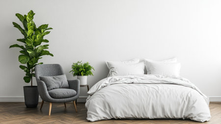A simple bedroom with modern furniture, a grey chair, and soft bed linens on the left side of an empty wall. The room has a parquet floor and a plant in front of it. The scene is presented in a mockup style, with a hyper-realistic, high-resolution interior design photography style, featuring natural lighting and attention to detail. --chaos 30 --ar 16:9 --v 6.1 Job ID: 3e3bb097-3bf4-46ab-b956-1ffaf6ba7453の素材