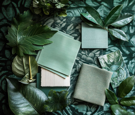 A green color palette with various fabric swatches and green leaves, in an elegant setting, for interior design. --ar 7:6 --v 6.1 Job ID: b2882a6a-450e-4a8e-9d3f-a5a80aeb34d0の素材