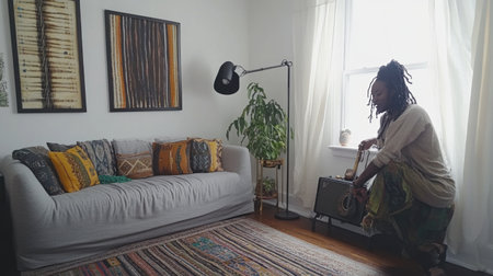 A Scandinavian-style living room with white walls, wooden floor, and a sofa decorated in neutral tones. A modern black metal lamp stands on the side table next to it. The wall is adorned with two framed abstract paintings. In front of them lies an elegant gray fabric couch with colorful cushions. On one end, there's also a gold plant stand holding green plants. The space exudes calmness through its clean lines and minimalistic decor --chaos 30 --ar 16:9 --v 6.1 Job ID: 57c7bb97-e398-4c2c-aaa4-bb444d206bc3の素材