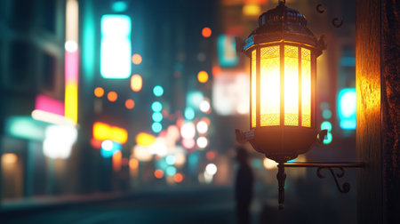 A photo of an ornate lantern glowing with warm light, on the background a blurry array of colorful lights, a Ramadan concept. --chaos 30 --ar 16:9 --v 6.1 Job ID: b70539d0-46d1-40f9-8163-fd4d0a9c531aの素材