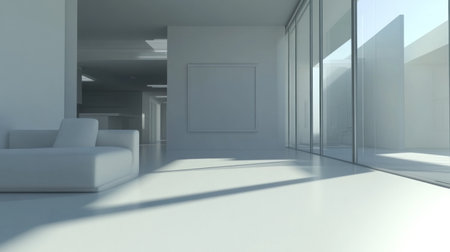 A mockup of an empty, blank poster frame on the wall in a minimalist, modern living room with a white sofa and glass door to the kitchen, black thin lines, light colors, natural lighting, hyper-realistic, ultra-detailed. --chaos 30 --ar 16:9 --v 6.1 Job ID: 951bbaa3-ef33-42f1-bfda-2aadb0d8408bの素材