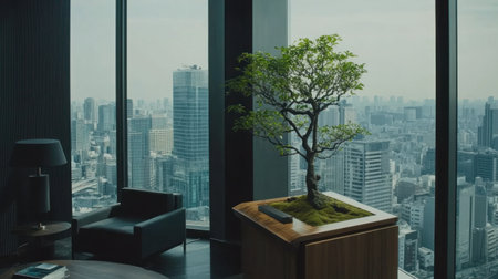 A modern minimalist interior with sleek furniture, a dark gray wall, and a floor-to-ceiling window on the left side. A wooden console table stands in front of an armchair placed next to it under a black lamp that casts soft light onto its surface. The room is bathed in natural sunlight streaming through the windows, creating a serene atmosphere. This scene captures the essence of contemporary design, emphasizing clean lines and minimalistic decor. --chaos 30 --ar 16:9 --v 6.1 Job ID: 1b5a5270-695f-43e8-ae08-2a3df5c572fbの素材