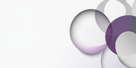 A white background with purple and gray circles, featuring three-dimensional abstract geometric shapes in the shape of an O-shaped ring. The design is minimalist, with clean lines and smooth curves, creating a sense of depth and perspective. It embodies modern simplicity while showcasing dynamic composition. High-resolution, vector graphics, and professional graphic design style. --ar 2:1 --v 6.1 Job ID: ae9044cf-ad3c-4f38-9607-85acfb592271の素材