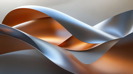 3D render of fluid abstract shapes made from metallic ribbons, with a soft gradient effect that transitions between silver and copper tones. The ribbons form an elegant curve against the grey background, creating visual depth in the composition. --chaos 30 --ar 16:9 --v 6.1 Job ID: 400f6b66-077e-40e3-a856-0b1792d14c9eの素材