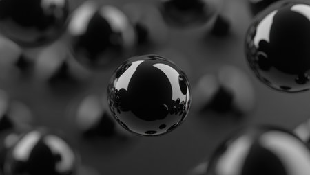Dark gray background with low-poly black spheres floating, minimalistic, monochromatic, high contrast, blurred focus on the foreground elements. --ar 53:30 --v 6.1 Job ID: 410b535b-4bf0-43ea-ab39-1066bd04f72eの素材