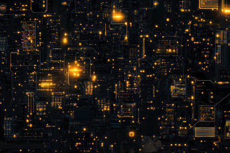 A black background with small glowing lights and circuit board elements in the bottom right corner, in the style of digital art. The colors are dark gold and amber, with a black sky and dark bronze and light brown accents. The glowing lights and circuitboard elements create a striking and futuristic composition. --ar 3:2 --v 6.1 Job ID: 5d95552f-4c5c-4d88-9cd6-508667888ddbの素材