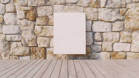 A blank white canvas mockup, standing upright against an old brick wall with light wood flooring. The background is a simple and clean design, creating the perfect backdrop for showcasing your artwork or graphics. This scene adds depth to any presentation by providing space for text or images on one side of the frame. --chaos 30 --ar 16:9 --v 6.1 Job ID: 5b4e5652-aceb-4aad-b01a-6a767af3266eの素材