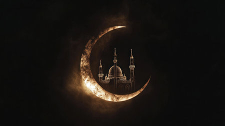3D crescent moon with a mosque inside, a Ramadan Islamic background vector design, in dark brown and beige, with detailed illustrations of buildings or architecture --chaos 30 --ar 16:9 --v 6.1 Job ID: 6b3dc2a4-1a44-465b-93e7-dfe16c0bcdadの素材