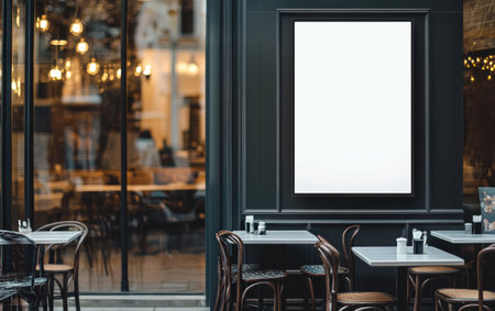 A blank white poster on the glass door of a cafe, an interior view, a cinematic shot. --ar 8:5 --v 6.1 Job ID: 7e2c91ca-a02e-44a1-a38e-bf7dfa8563d1の素材