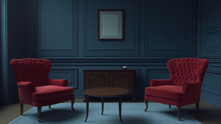 3D rendering of two armchairs and a sideboard against a dark blue wall. The red velvet chairs have decorative buttons, and a coffee table is in the center of the room. This is a home interior design of a modern living room mockup with copy space. It is a detailed, award-winning shot taken on a Sony Alpha R8 camera, in the style of modern interior design. --chaos 30 --ar 16:9 --v 6.1 Job ID: 91df82a8-c94b-4149-8cf1-084c70224863の素材